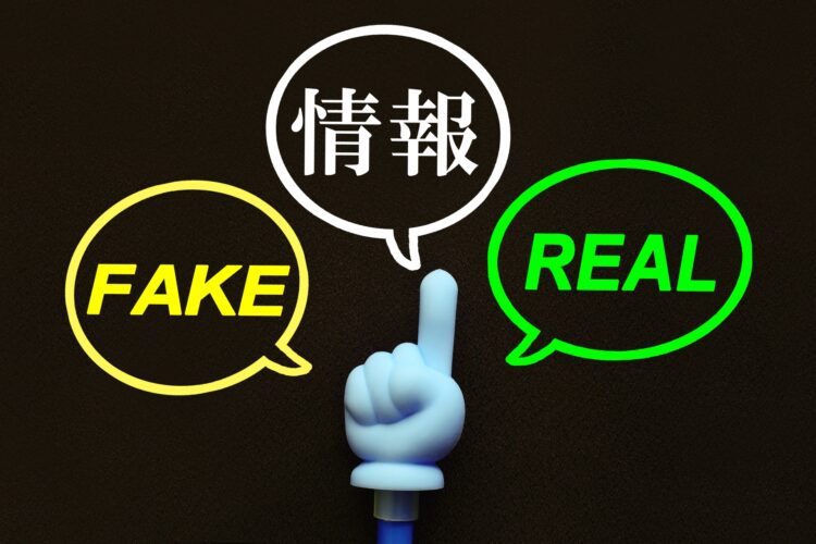 黒い背景に、白い手が上を指している。手の上には3つの吹き出しがあり、左側の黄色い吹き出しには『FAKE』、右側の緑色の吹き出しには『REAL』、中央の白い吹き出しには『情報』と書かれている。