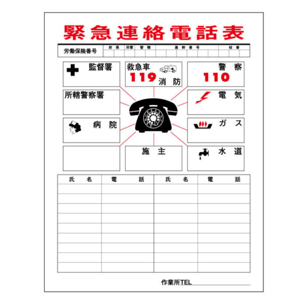 この画像は、緊急連絡先がリストされた電話表です。監督署、警察署、病院、電気、ガス、水道などの連絡先が記載されています。中央に大きな電話アイコンがあり、周囲に「119」（救急・消防）や「110」（警察）の連絡先が配置されています。下部には個人の連絡先を記入する欄があります。