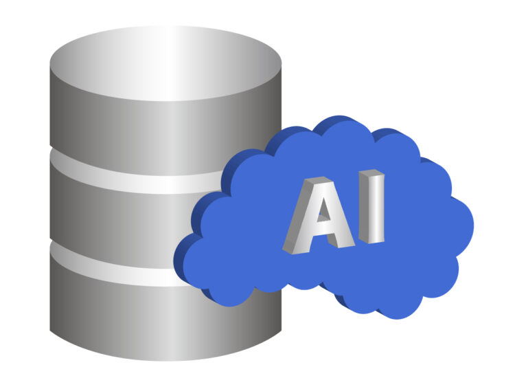 データストレージまたはデータベースシステムを表すアイコンで、人工知能または機械学習の統合を表す「AI」の文字を含む青い雲のアイコン。