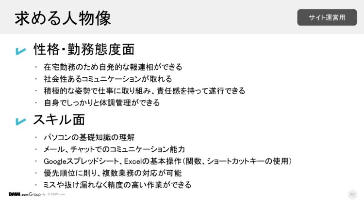 DMMが障がい者雇用で求める「サイト運営用の人物像」を説明したスライド。性格・勤務態度面では「在宅勤務における自発的な報告・連絡・相談」「社会性あるコミュニケーション」「積極性と責任感」「体調管理能力」が挙げられ、スキル面では「パソコンの基礎知識」「チャットやメールでのやり取り」「Googleスプレッドシート・Excelの基本操作」「複数業務の優先順位づけ対応」「精度の高い作業」が求められている。