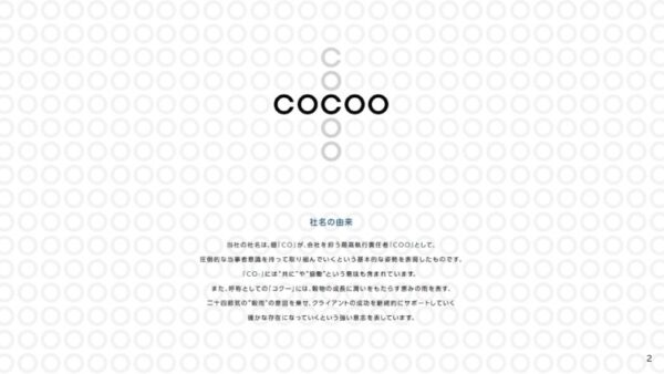 背景一面にグレーの〇が並んだデザインの中に、中央に「COCOO」のロゴが配置されている。ロゴの下には「社名の由来」として、「CO」は個の力、「COO」は協調の意味を持ち、雨の「コー」とも読み、支援の象徴であることが説明されている。