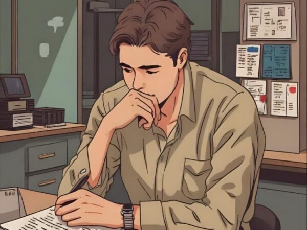 「オフィスの机に座る男性のイラスト。ベージュのシャツを着て、片手で口元に触れながら書類を見つめている。机の上にはファイルや書類が置かれ、後ろの壁には掲示物が貼られている。