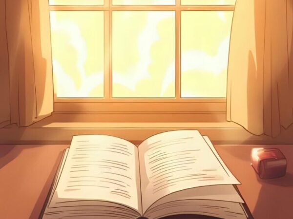 夕日の光が差し込む窓辺の机に、本が開かれて置かれているイラスト。カーテンの間から暖かい光が入り、机の右側には小さな消しゴムが置かれている。