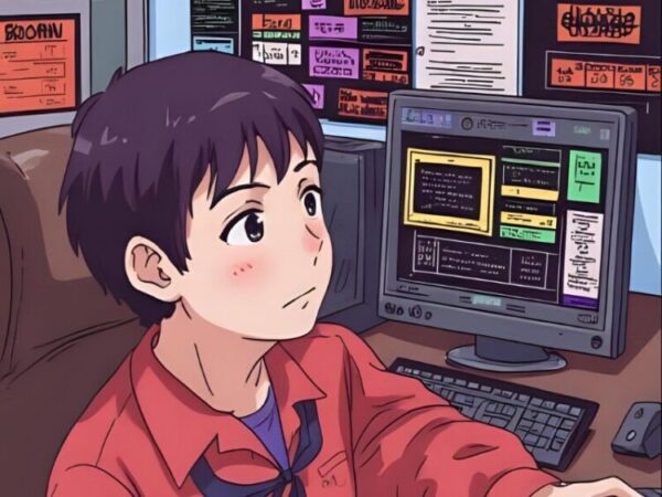 赤い服を着た少年が机に座り、パソコンのモニターを見つめているイラスト。画面には複数のウィンドウや文字が表示されており、少年は少し考え込むような表情をしている。机の上にはキーボードとマウスが置かれている。