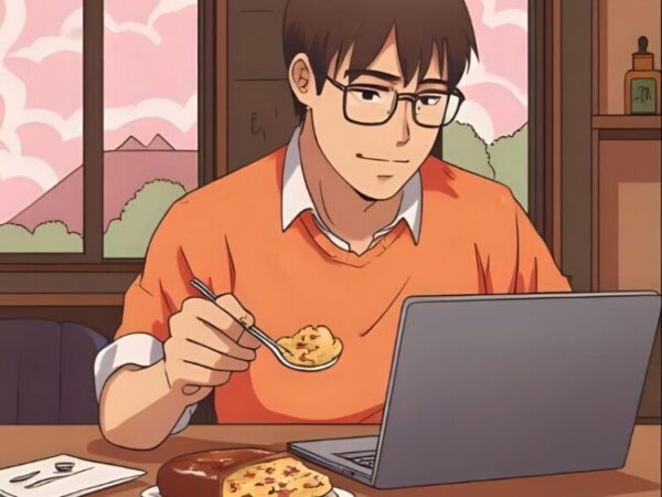 部屋の机に座った眼鏡の男性が、ノートパソコンを見ながらスプーンで料理を食べているイラスト。オレンジ色のセーターを着ており、机の上にはパンや料理の皿が置かれている。窓の外には山と木々が描かれている。