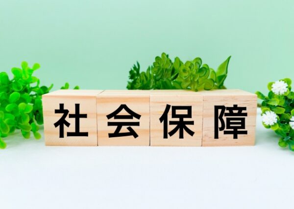 木のブロック4つが横に並び、それぞれに大きく「社会保障」と黒い文字が書かれている。背景は淡い緑色で、左右と奥に観葉植物の葉が飾られている。