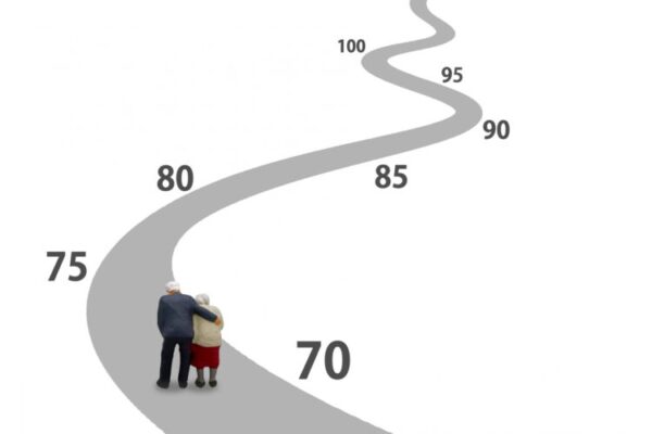 白い背景に灰色の曲がりくねった道が描かれ、道の上に「70」「75」「80」「85」「90」「95」「100」と年齢を示す数字が並んでいる。手を取り合った高齢の男女の小さな人形が、道の70の位置から先を見て歩いている。