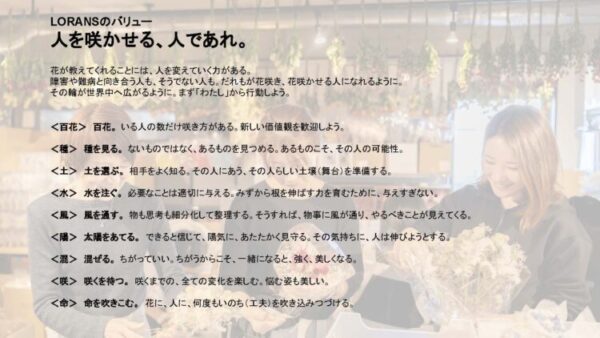 花屋「LORANS(ローランズ)」のスタッフが笑顔で花束を作っている様子を背景に、同社の理念が記された画像。 中央上部に大きく「LORANSのバリュー 人を咲かせる、人であれ。」と書かれ、 その下に「花が教えてくれることには、人を変えていく力がある」などの文章が続く。 画面中央から下にかけて、<百花><種><土><水><風><陽><混><咲><命>の9つのキーワードと、それぞれの意味が紹介されている。
