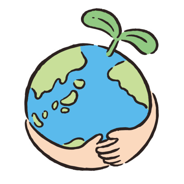 地球を両手でやさしく包み込むイラスト。 青と緑で描かれた地球の上部には小さな芽が伸びており、環境保護や持続可能な社会を象徴している。 全体的にやわらかい線と淡い色使いで、温かみのある雰囲気のデザイン。