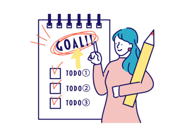 大きなノートに「TODO①」「TODO②」「TODO③」と書かれたチェックリストがあり、すべてにチェックが入っている。 上部には「GOAL!!」と赤丸で囲まれ、黄色い矢印が指している。 右側には大きな鉛筆を持ち、目標達成を喜ぶ女性のイラストが描かれている。