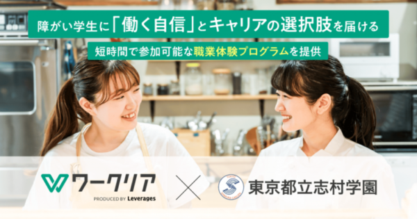 カフェの厨房のような場所で、エプロン姿の2人の女性が笑顔で話している写真。 上部には「障がい学生に『働く自信』とキャリアの選択肢を届ける」「短時間で参加可能な職業体験プログラムを提供」と書かれている。 下部には「ワークリア（Leverages）」と「東京都立志村学園」のロゴが並んでいる。