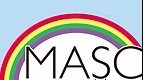 青空の下にかかるカラフルな虹のアーチと、その下に並ぶ「MASC」の文字。 多様性と希望を象徴する、明るく前向きな印象のロゴ。