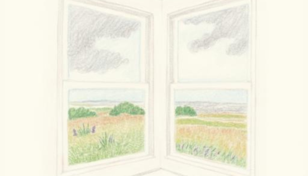 窓越しに、草原と空が広がる風景がやさしい色合いで描かれている。 静かな室内から、外の世界をそっと眺めているような穏やかな一枚。