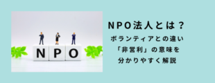 「NPO法人とは？」という見出しとともに、N・P・Oの文字の上に人の模型が立つイメージが配置されたスライド。 非営利やボランティアとの違いを、やさしく伝えようとする導入ビジュアル。