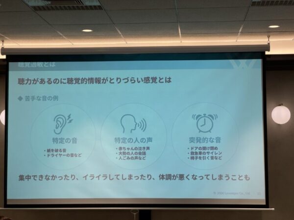 セミナー会場で投影されたスライド「聴覚過敏とは──聴力があるのに聴覚的情報がとりづらい感覚とは」。苦手な音の例として、特定の音(紙を破る音、ドライヤーの音など)、特定の人の声(赤ちゃんの泣き声、大勢の人の会話、人ごみの声など)、突発的な音(ドアの開け閉め、救急車のサイレン、椅子を引く音など)の3種類がイラスト付きで示されている。下部には「集中できなかったり、イライラしてしまったり、体調が悪くなってしまうことも」と記載。