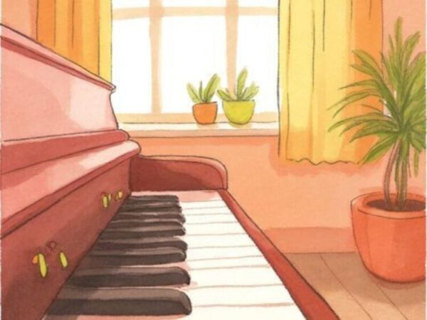 窓辺に観葉植物が並ぶ明るい部屋に、アップライトピアノが置かれた水彩タッチのイラスト。