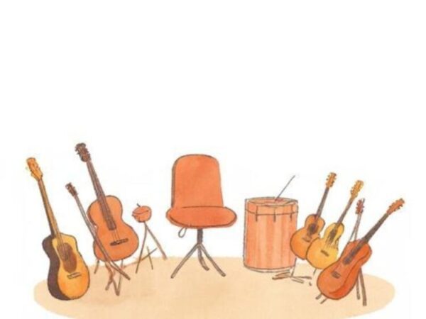 椅子を中心に、複数のギターとドラムが置かれた、人のいない演奏スペースを描いた水彩イラスト。