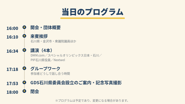 「当日のプログラム」を時刻順のタイムラインで示した図。16時00分、開会と団体概要。16時10分、来賓挨拶（石川県・金沢市・衆議院議員ほか）。16時34分、講演4本（DMM.com、スペシャルオリンピックス日本・石川、PIP石川県役員、Nextwel）。17時18分、グループワーク34分（参加者どうしで話し合う時間）。17時53分、GDS石川県委員会設立のご案内と閉会。プログラムは予定であり、変更になる場合があります。